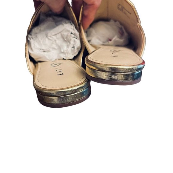 Katy Perry THE RUE Gold Mules Slides Size 6 Party Fun Artsy 3D Modern Glam Face - Picture 13 of 13